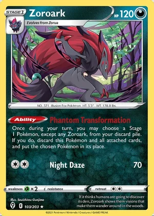 Zoroark 103/203, Print with "Play! Pokémon" stamp, card art reference