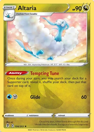 Altaria 106/203, Print with "Play! Pokémon" stamp, card art reference