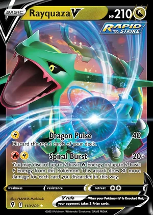 Rayquaza 110/203, Print with "Play! Pokémon" stamp, card art reference