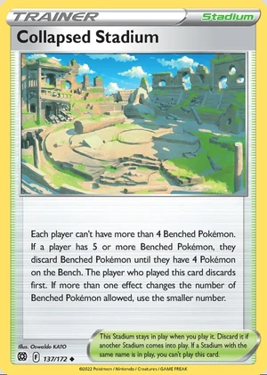 Collapsed Stadium 137/172, Print with "Play! Pokémon" stamp, card art reference