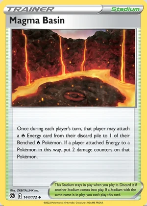 Magma Basin 144/172, Print with "Play! Pokémon" stamp, card art reference
