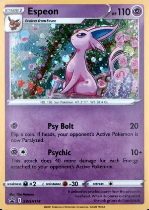 Espeon SWSH174, SWSH Black Star Promos English Cosmos Holofoil, image provided by the catalog owner