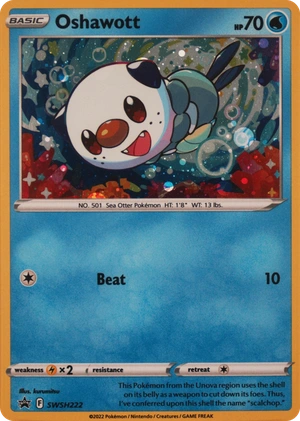 Oshawott SWSH222, SWSH Black Star Promos English Cosmos holo entry; official flat card database image, holo pattern not shown, image provided by the catalog owner