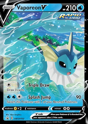 Vaporeon V SWSH150, Print with "Play! Pokémon" stamp, card art reference
