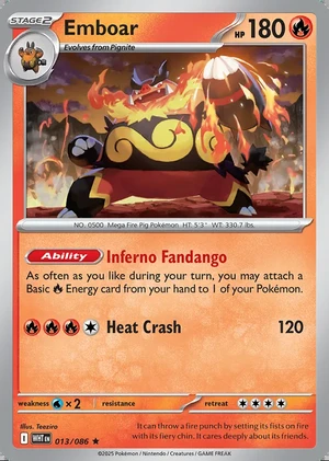 Emboar 013/086, Print with "Play! Pokémon" stamp, card art reference