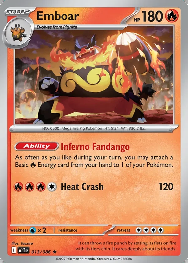 Emboar 013/086, White Flare English Print with "Play! Pokémon" stamp, card art reference