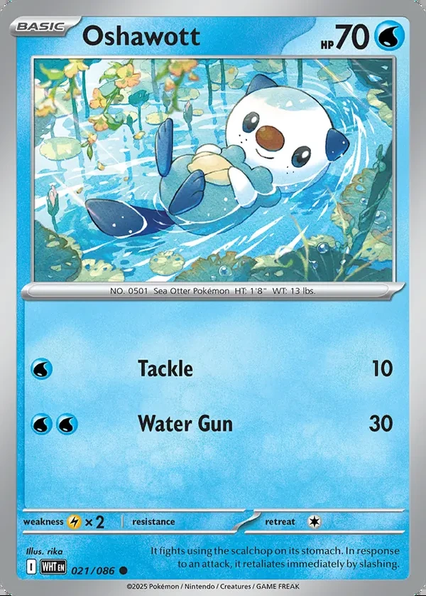Oshawott 021/086, White Flare English Tinsel Holofoil print, card art reference
