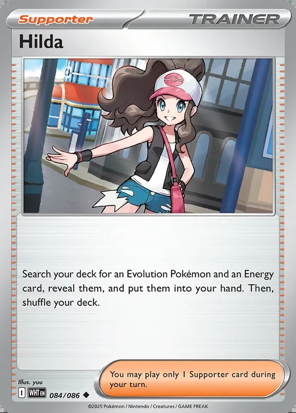 Hilda 084/086, White Flare English Print with "Play! Pokémon" stamp, card art reference