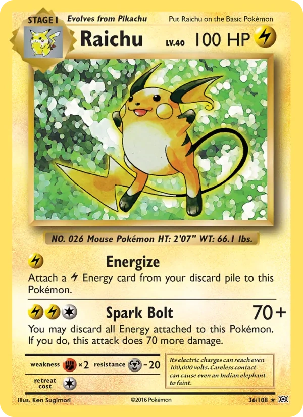 Raichu 36/108, Evolutions English Non Holo, card art reference