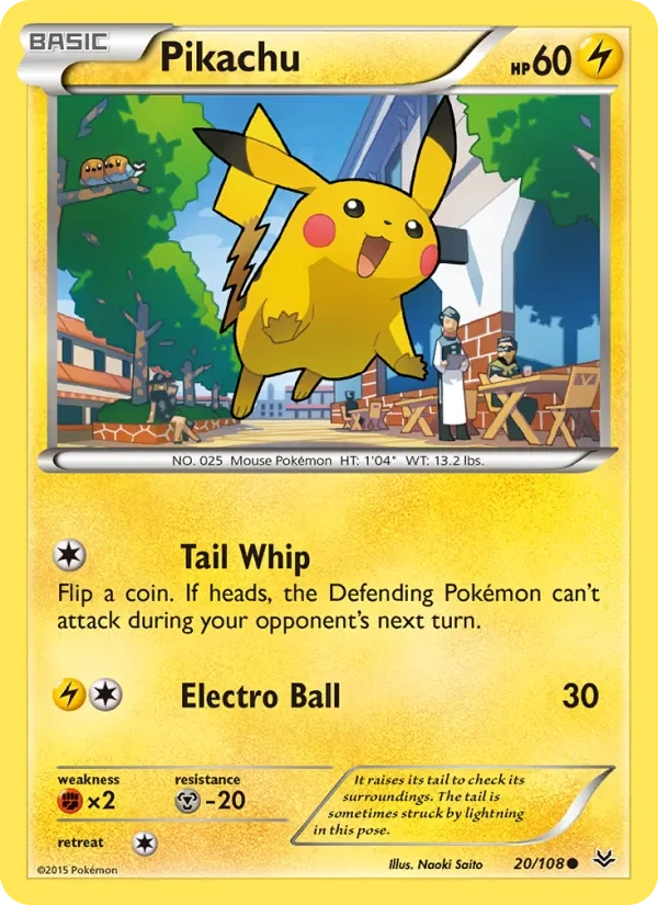 Pikachu 020/108, Roaring Skies English Build-A-Bear stamp, card art reference