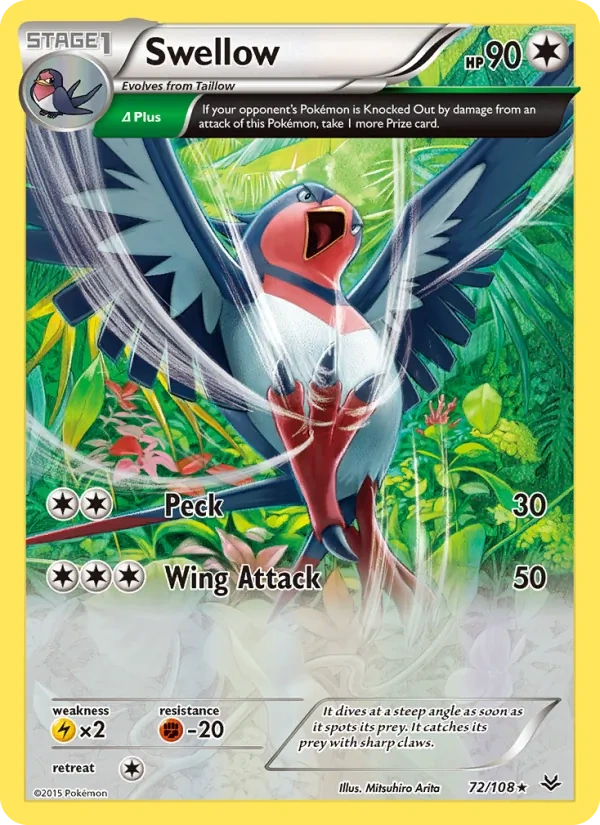 Swellow 072/108, Roaring Skies English Non Holo, card art reference