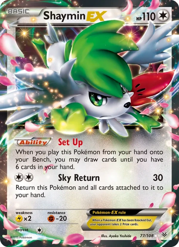 Shaymin-EX 077a/108, Roaring Skies English Yellow A Alternate art, card art reference